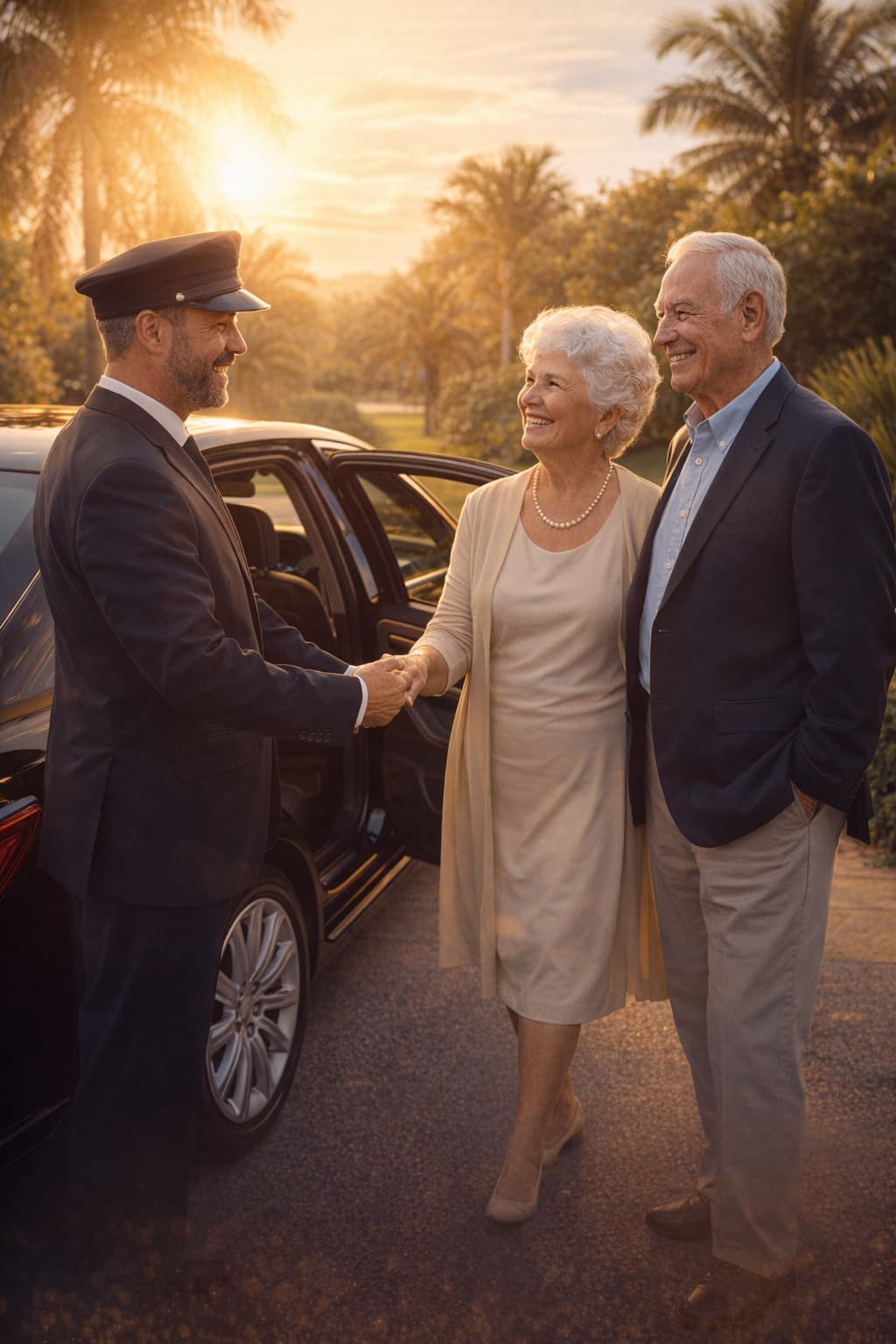 Private Car Service for Seniors – professional driver assisting elderly couple into a luxury sedan in sunny Florida