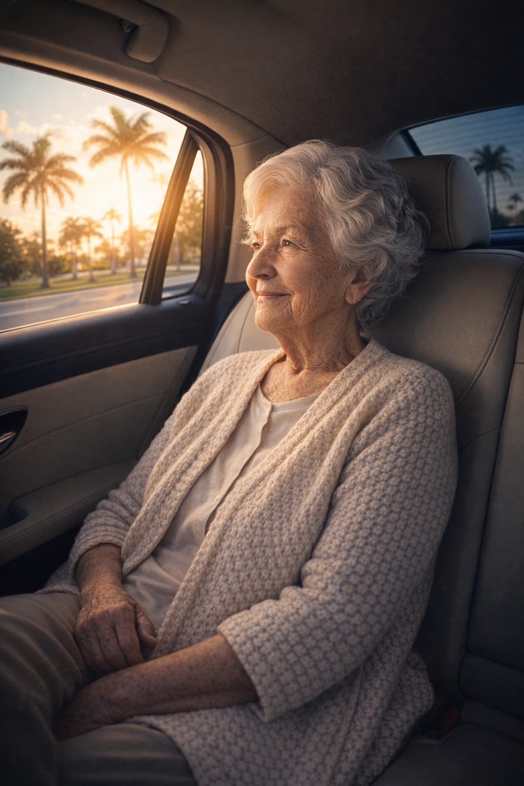 An elderly woman smiling peacefully while riding in a clean private car, looking out at the sunny Florida landscape