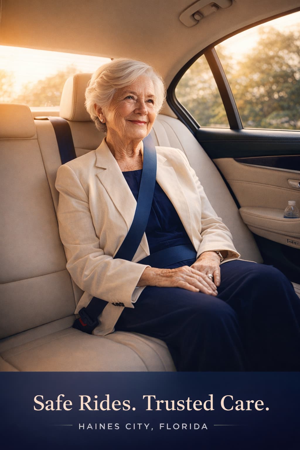 Senior passenger smiling in the back seat of a clean private car with soft natural light — Private Car Service for Seniors LLC