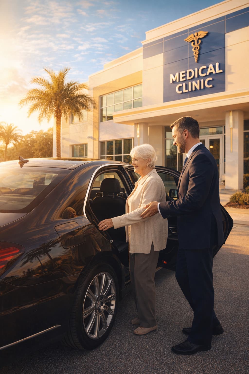 Professional driver opening car door for an elderly passenger outside a Florida medical clinic on a sunny day