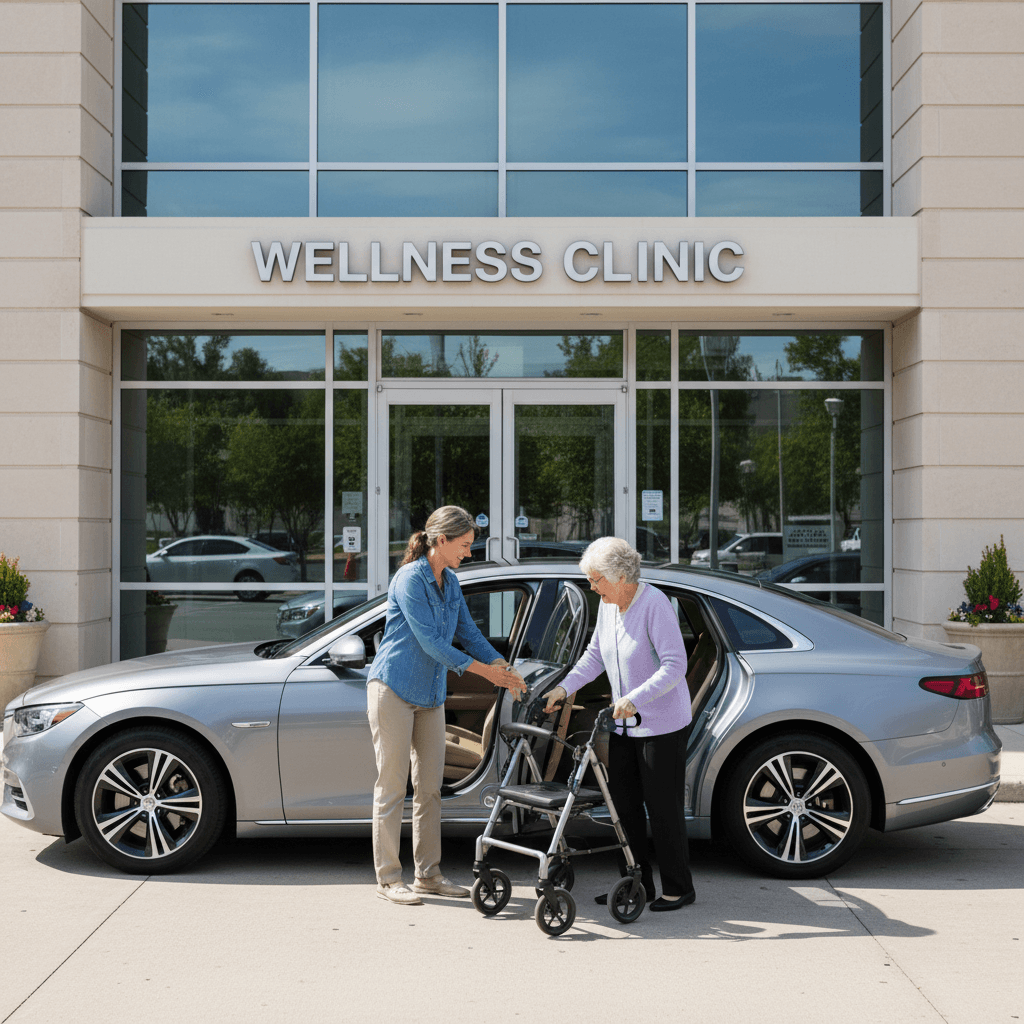 Sedan parked outside a medical office