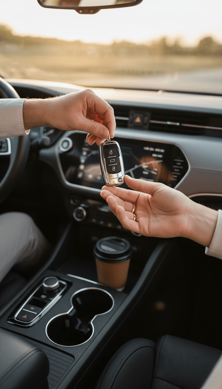Owner handing car keys for personally managed senior transport