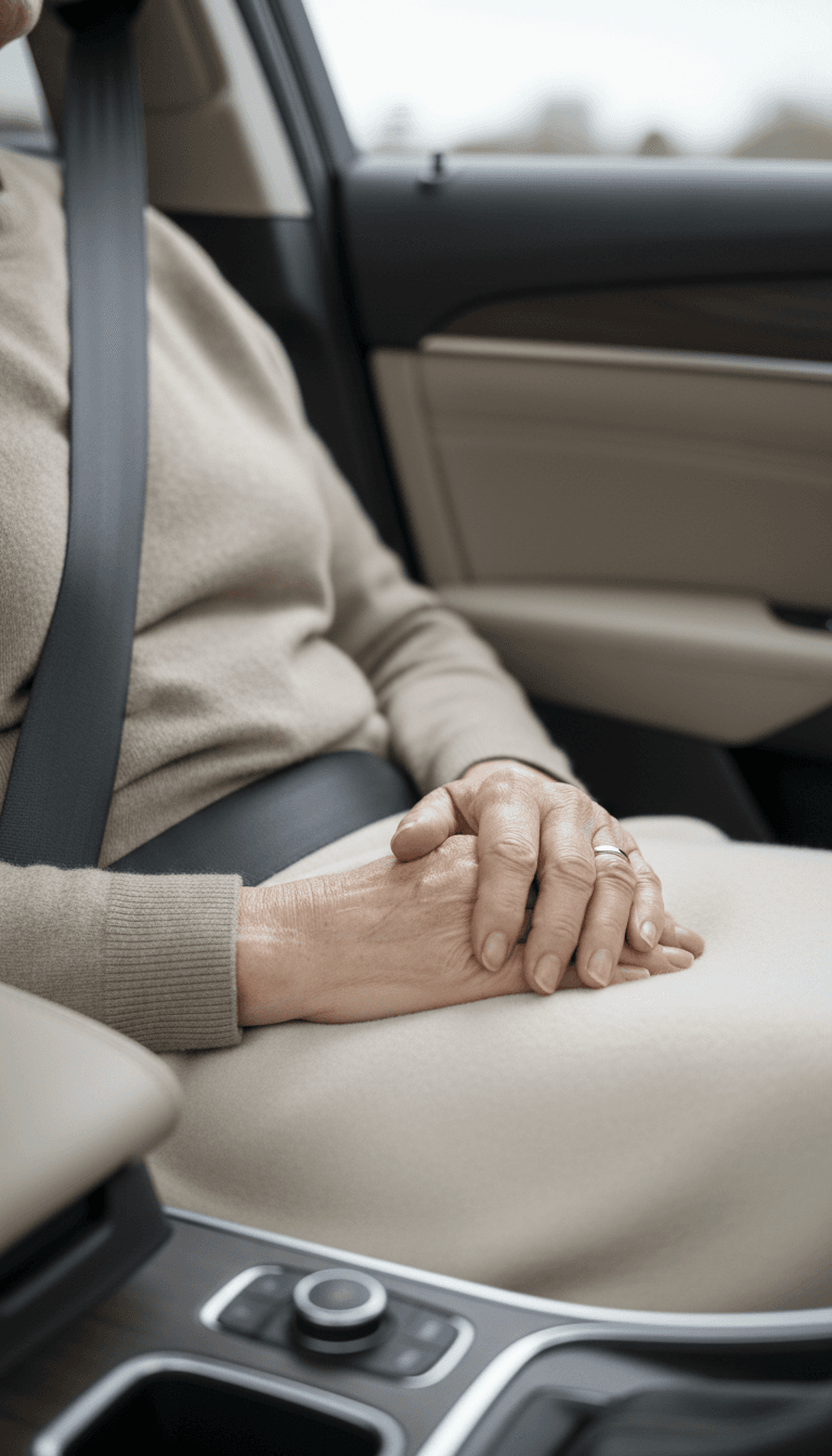 Senior passenger seated comfortably in car