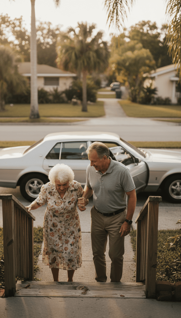 Driver assisting senior passenger down front steps