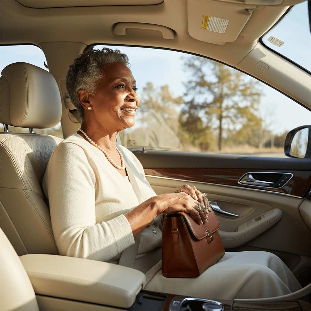 Elderly woman seated comfortably in a car
