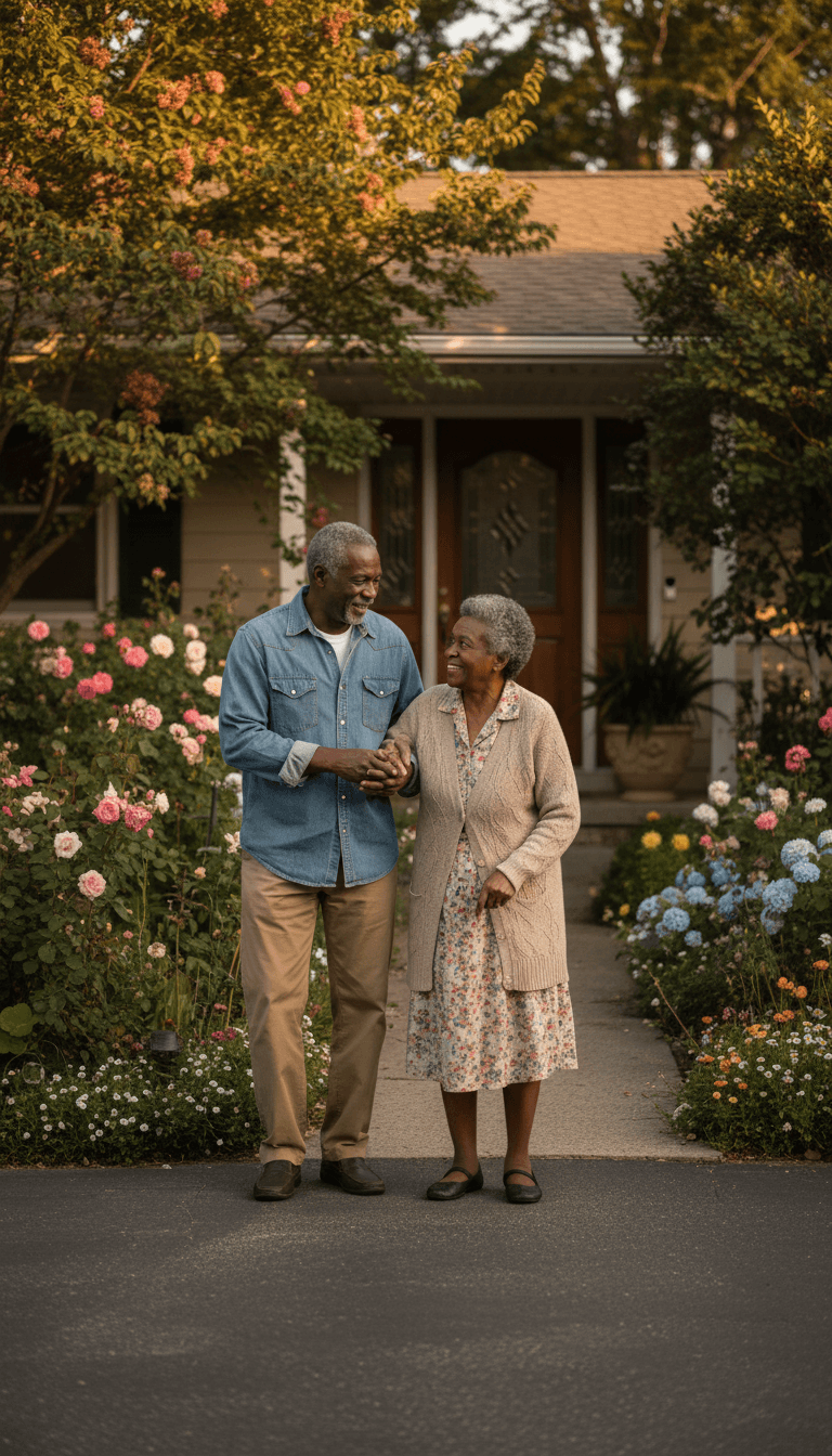 Driver walking senior back to front door at home