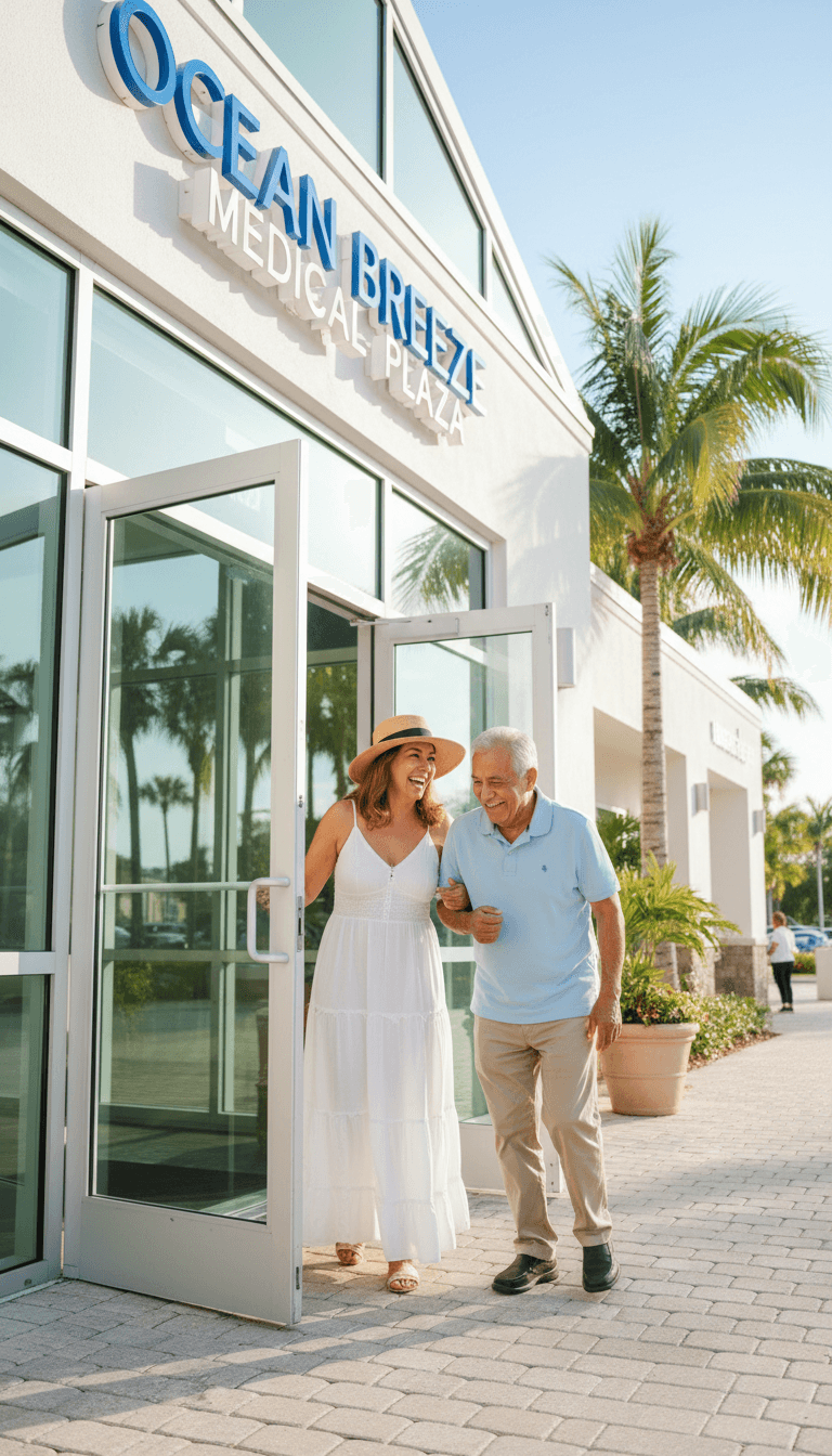 Driver walking senior into medical appointment