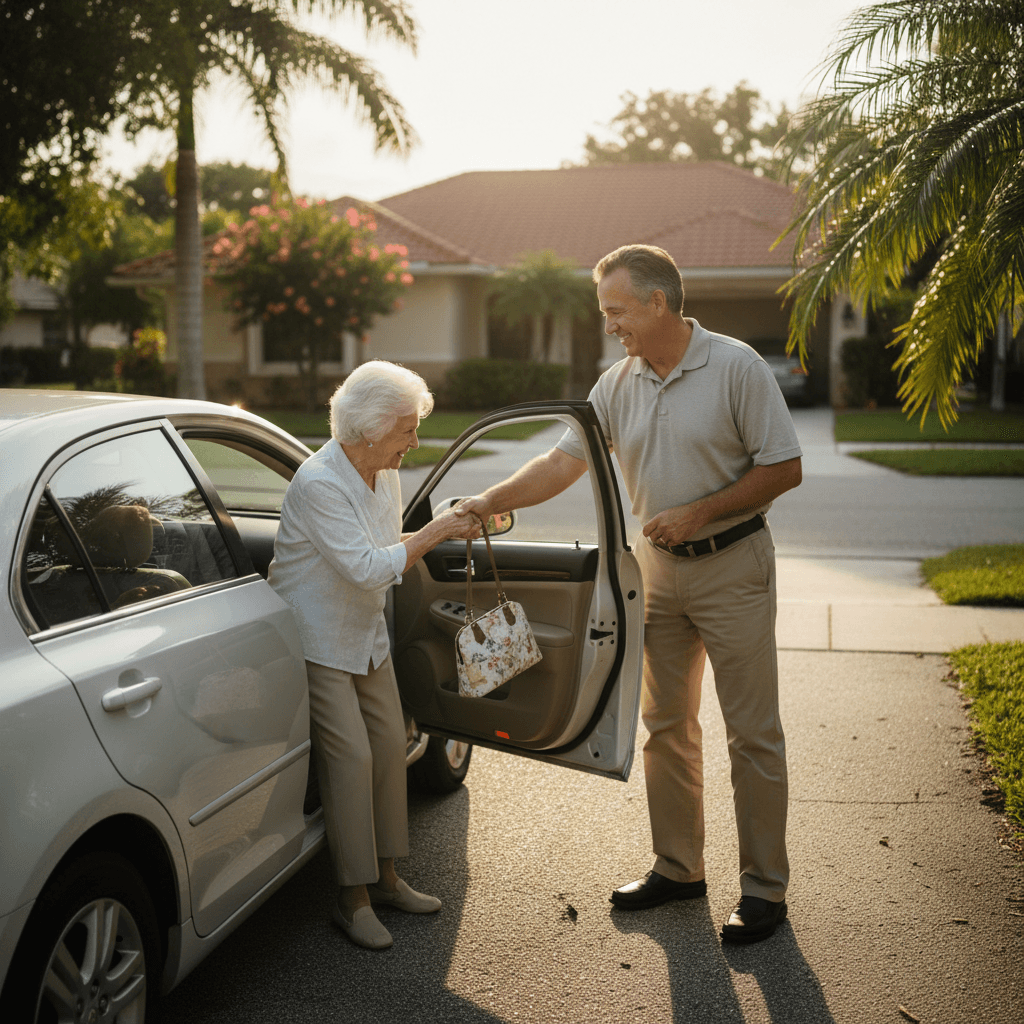 Driver assisting an elderly woman out of a sedan