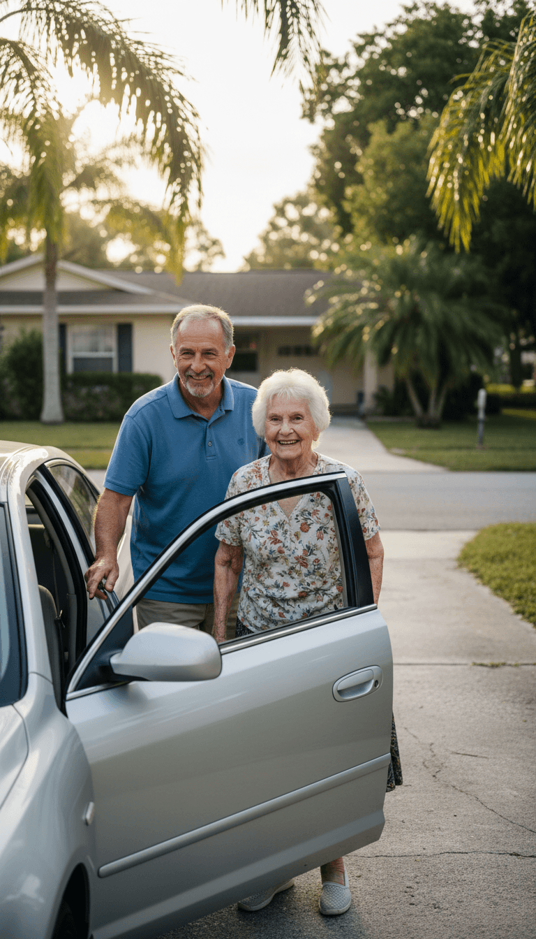 Background-checked driver assisting elderly passenger into vehicle