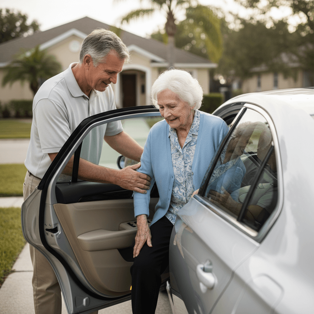 Driver assisting an elderly woman into a sedan