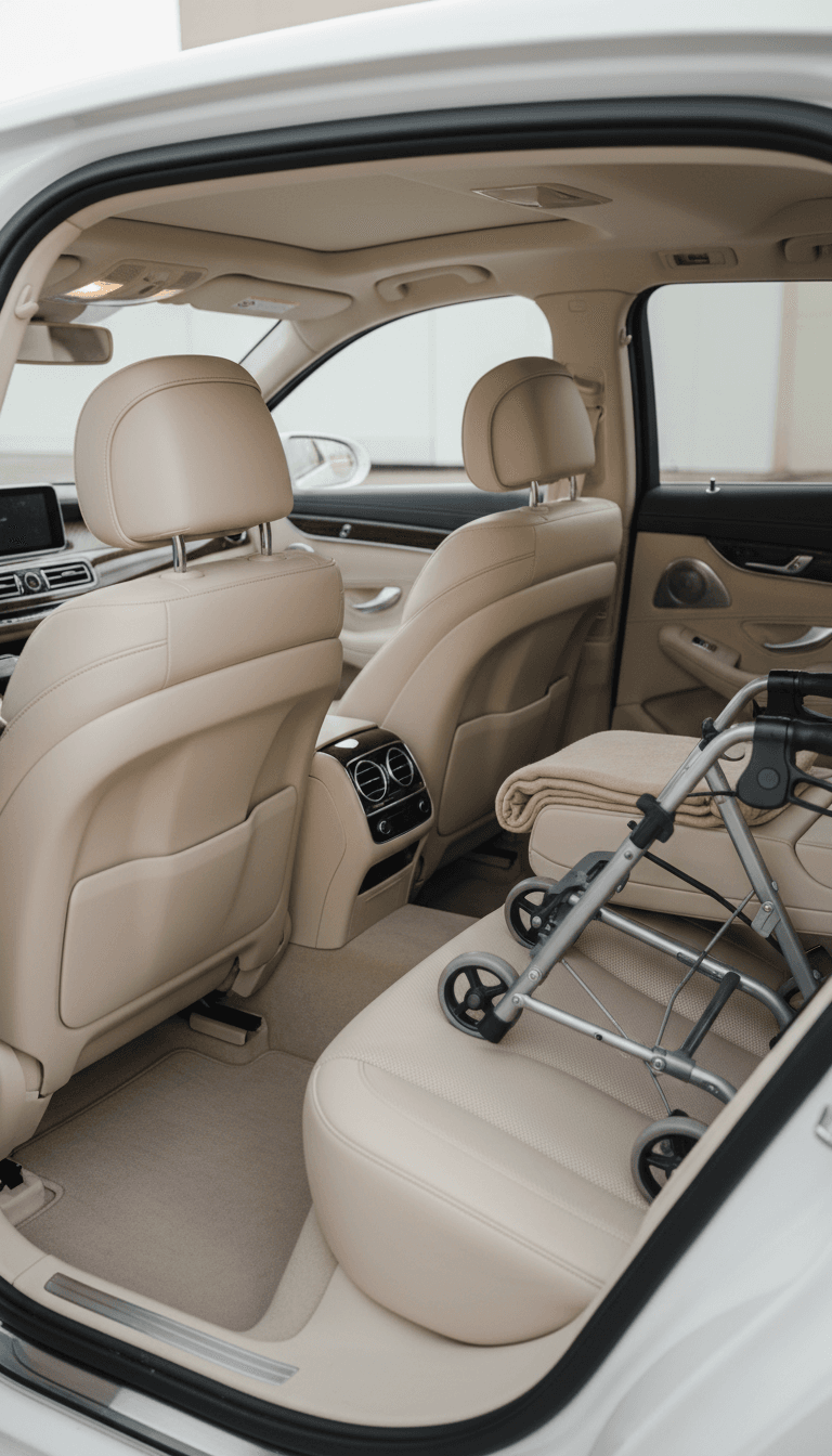 Spacious sedan interior with space for walker or mobility aid