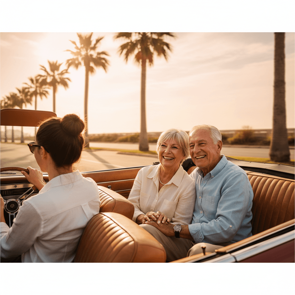 Elderly couple riding comfortably in the back seat