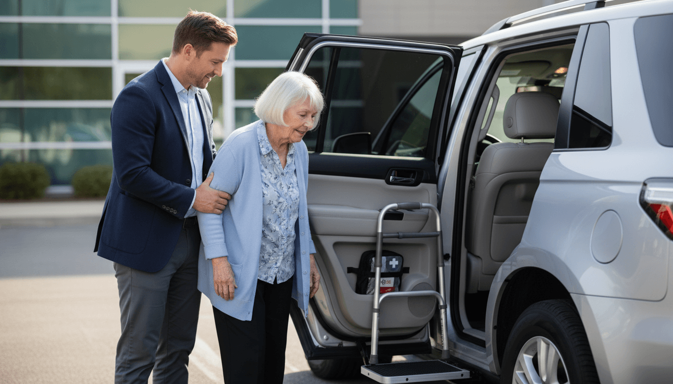 Elderly passenger greeting driver with warmth and trust