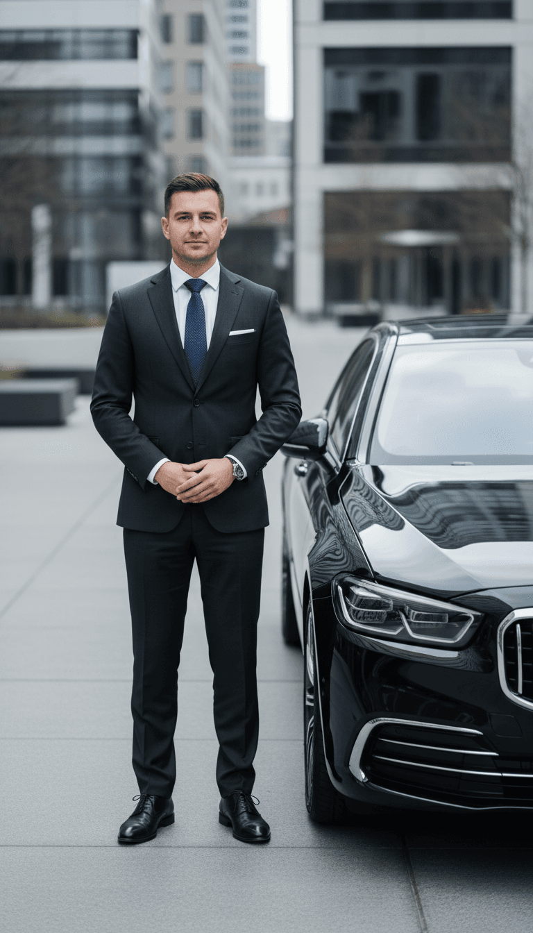Professional driver standing beside a clean sedan in daylight
