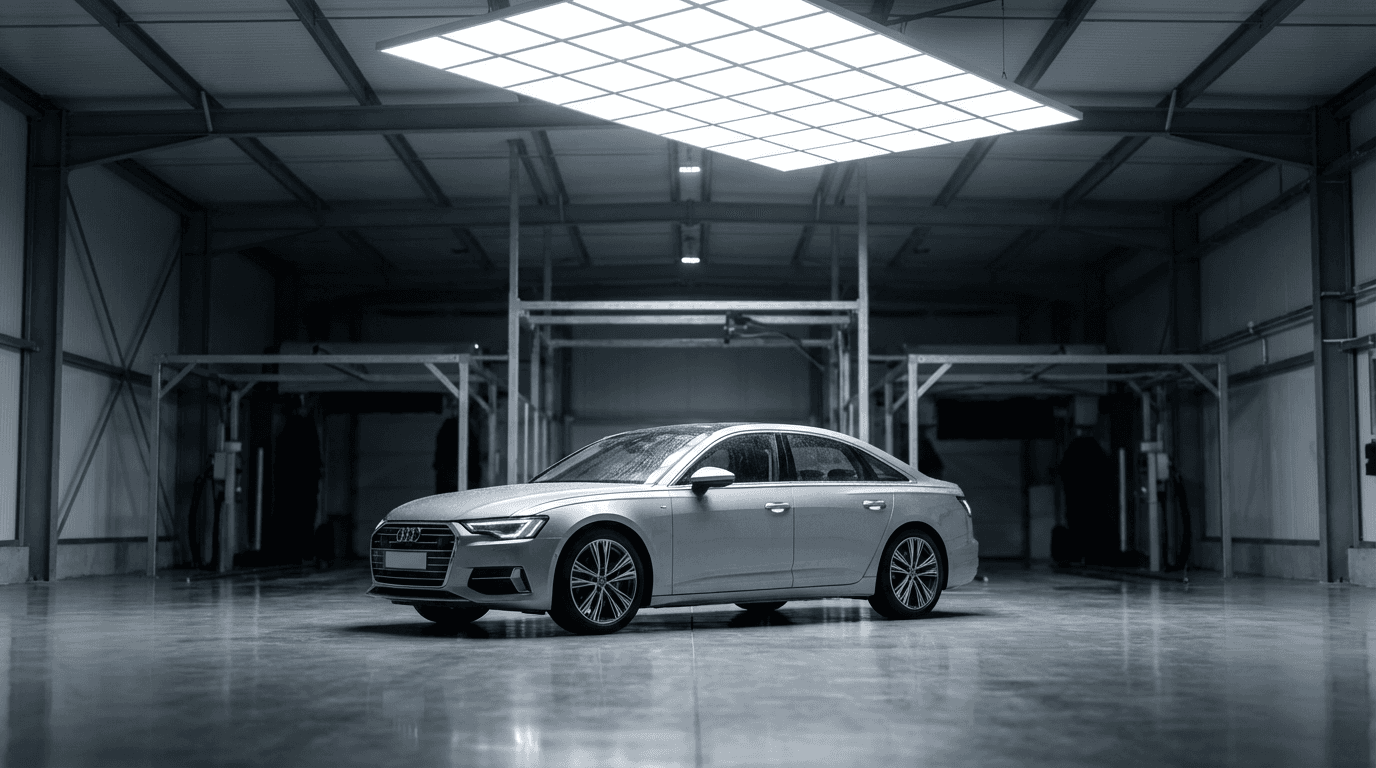 Clean sedan parked at a medical facility entrance