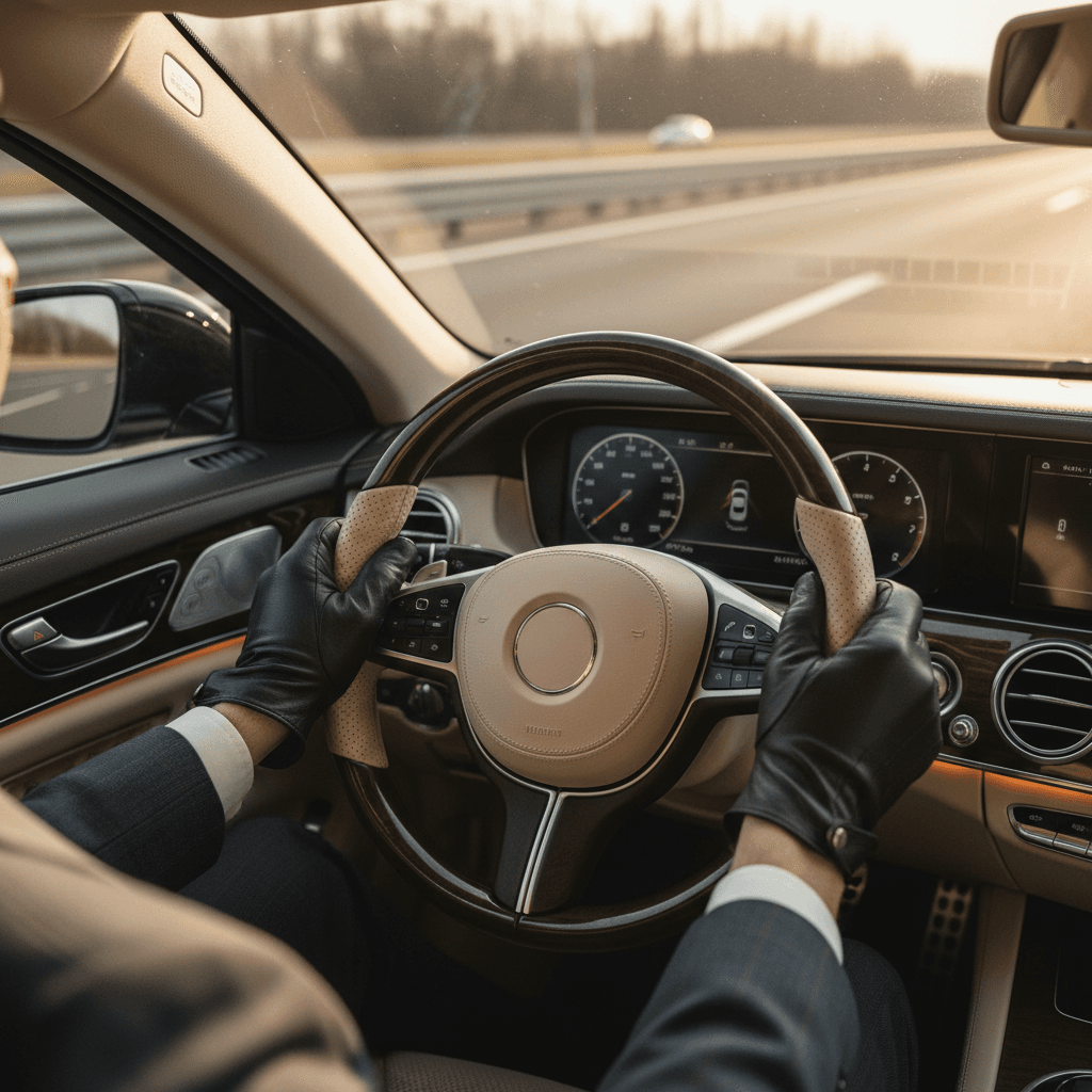 Driver assisting an elderly passenger into a vehicle with care