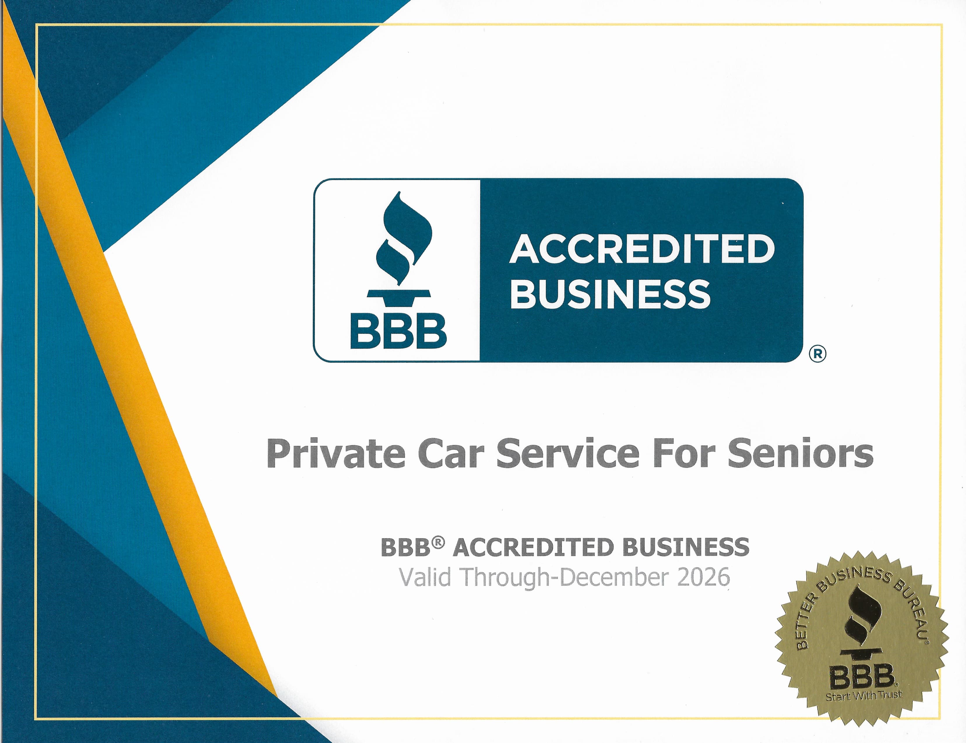 BBB Accredited Business certificate for Private Car Service For Seniors, valid through December 2026.